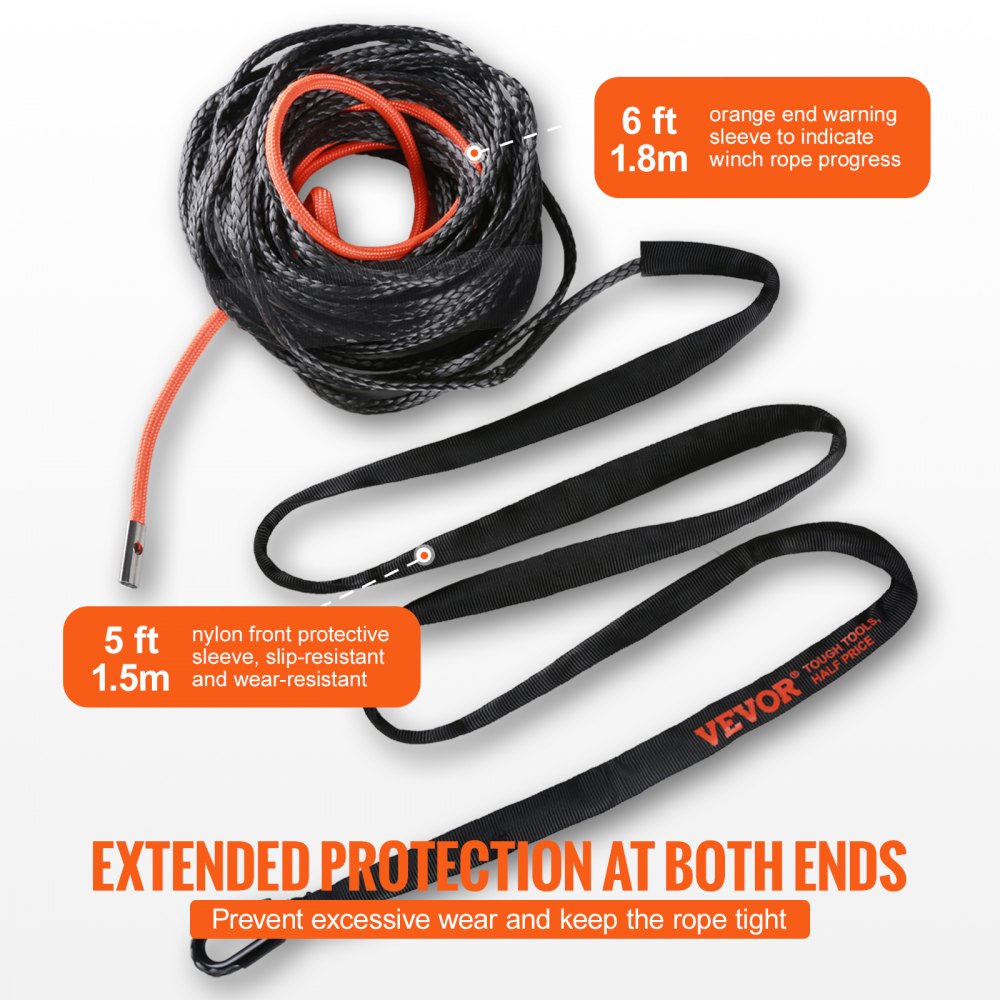 VEVOR Cuerda de Cabrestante 9,5 mm x 25,9 m Cable Sintético Resistencia a la Rotura de 117,9 kN con Funda Protectora, Gancho de Cabrestante Forjado, Correa de Tracción para SUV, Vehículos, Camiones