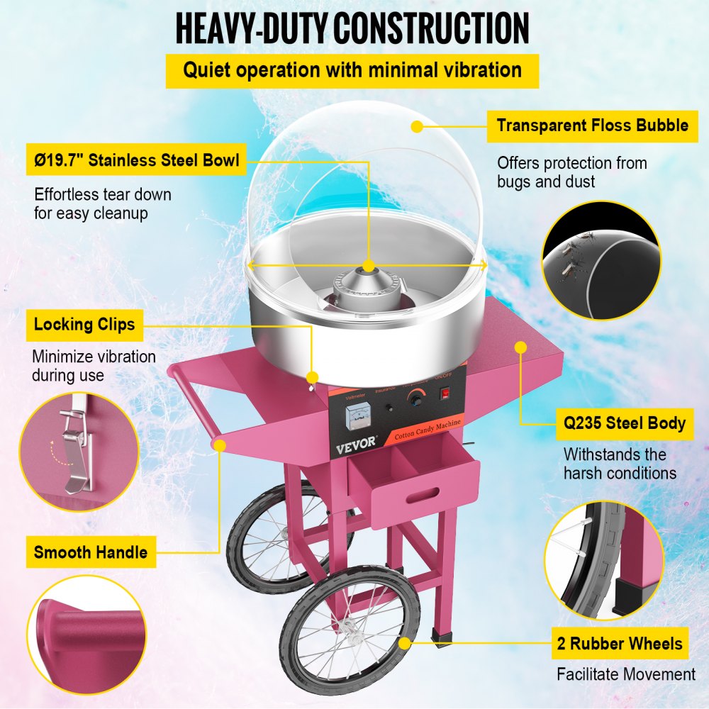 VEVOR 1030w Máquina de algodón de azúcar con soporte de carrito de 20,5 "cubierta
