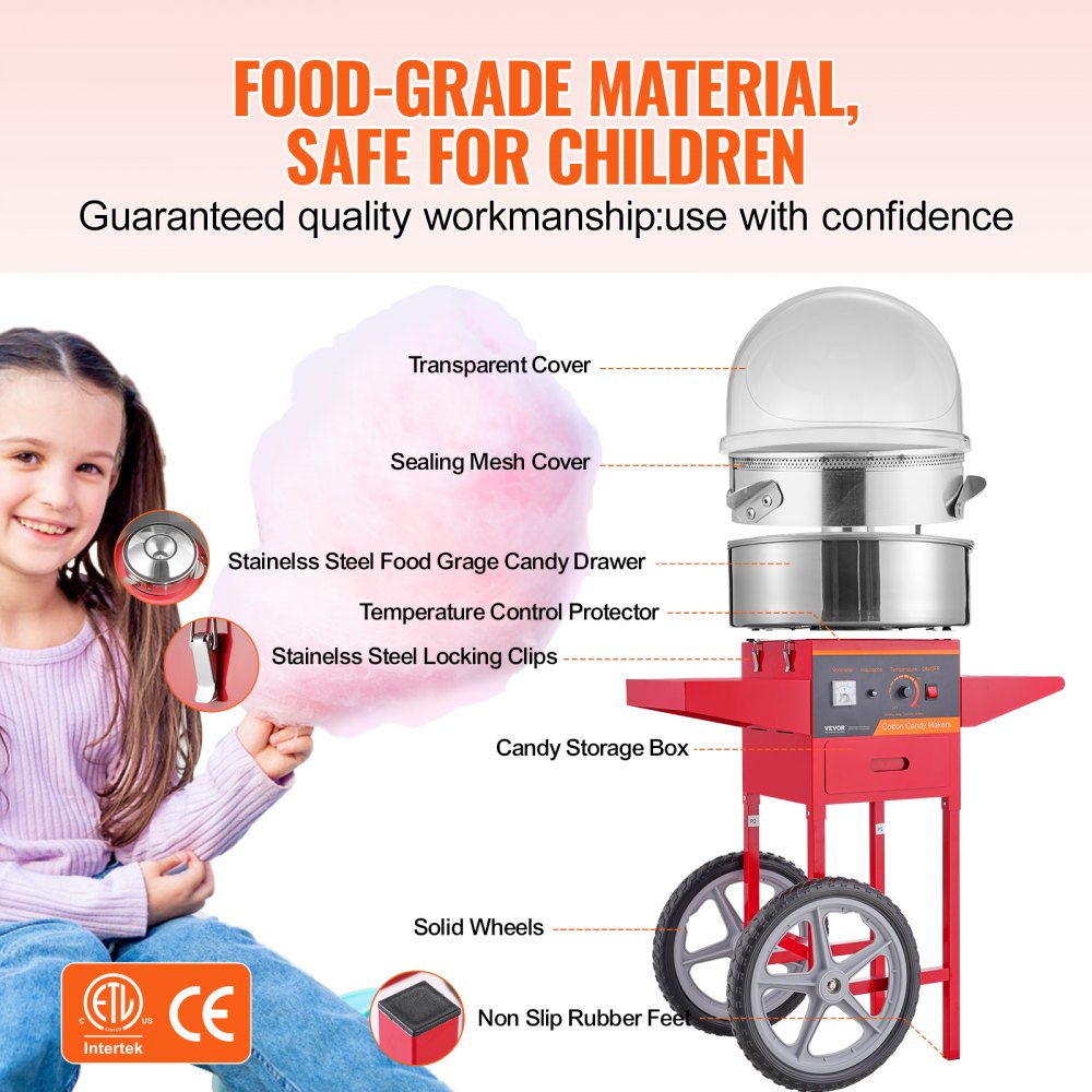 VEVOR Electric Cotton Candy Machine with Cart, 1 kW Commercial Cotton Candy Machine with Cover, Stainless Steel Bowl, Sugar Scoop and Drawer, for Children's Birthdays, Family Parties, Red