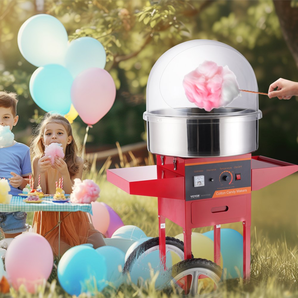 VEVOR Electric Cotton Candy Machine with Cart, 1 kW Commercial Cotton Candy Machine with Cover, Stainless Steel Bowl, Sugar Scoop and Drawer, for Children's Birthdays, Family Parties, Red