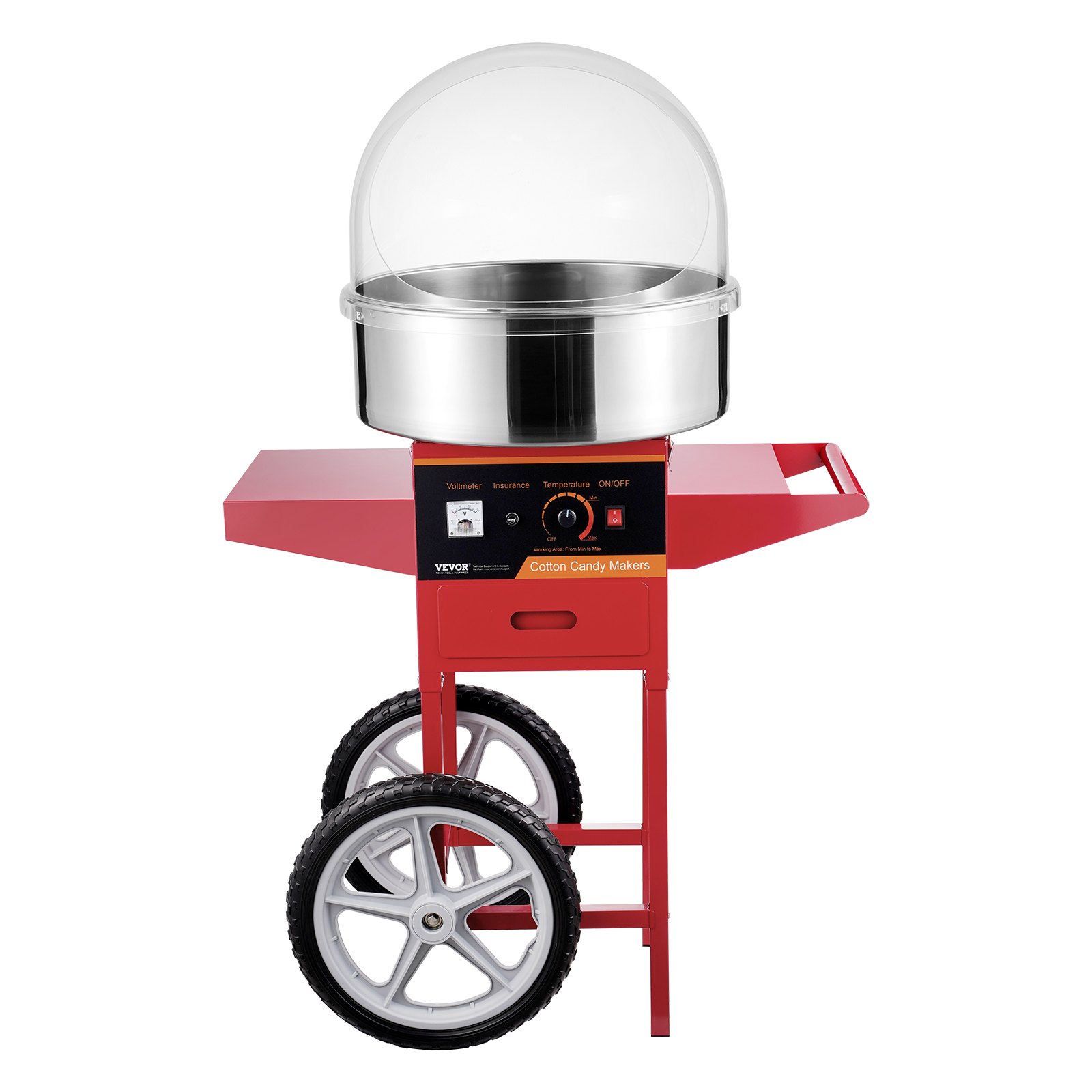 VEVOR Electric Cotton Candy Machine with Cart, 1 kW Commercial Cotton Candy Machine with Cover, Stainless Steel Bowl, Sugar Scoop and Drawer, for Children's Birthdays, Family Parties, Red