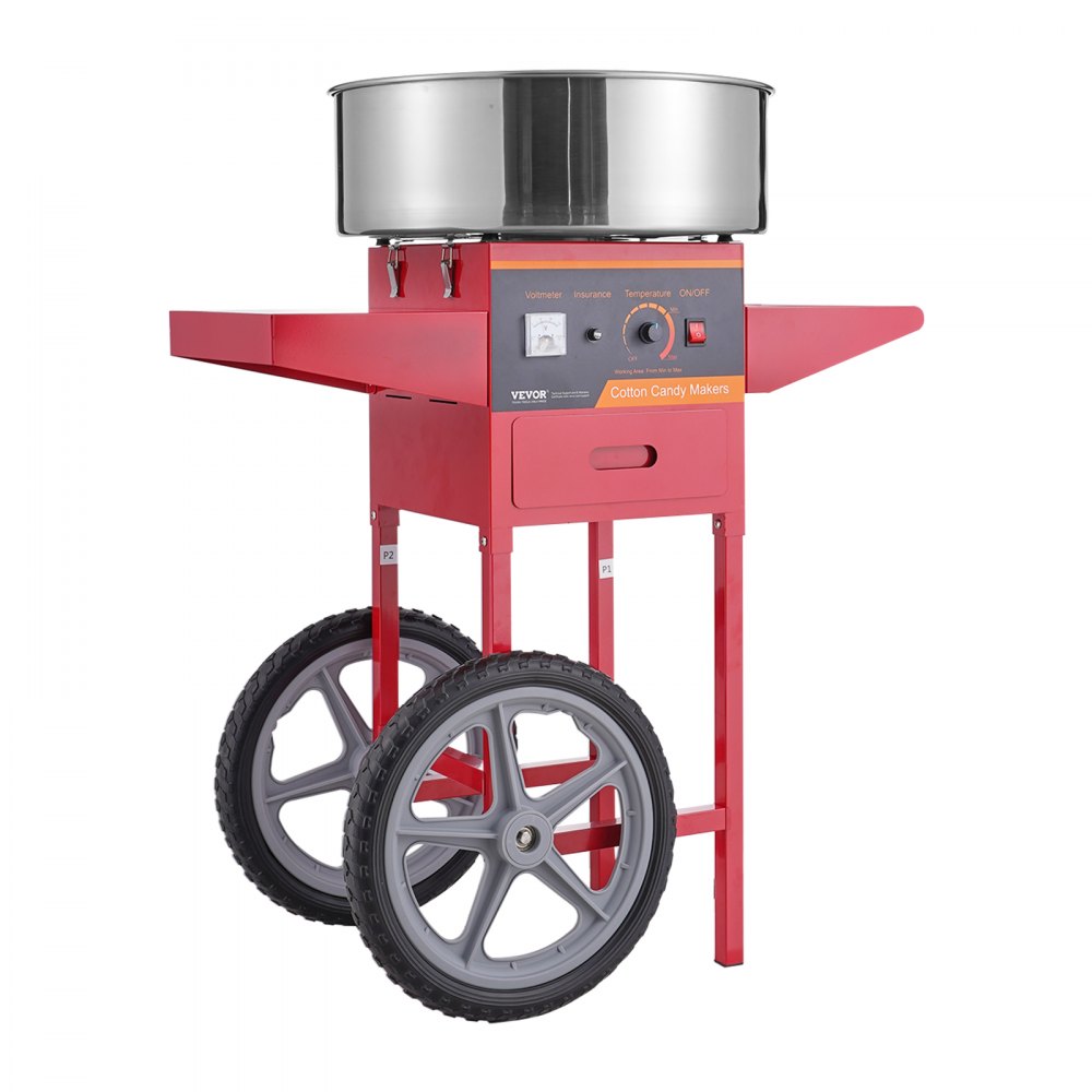 VEVOR Máquina Eléctrica de Algodón de Azúcar con Carro, Máquina Comercial de Algodón de Azúcar de 1000 W con Tazón de Acero Inoxidable, Cuchara de Azúcar y Cajón, para el Hogar, Fiesta Familiar, Rojo