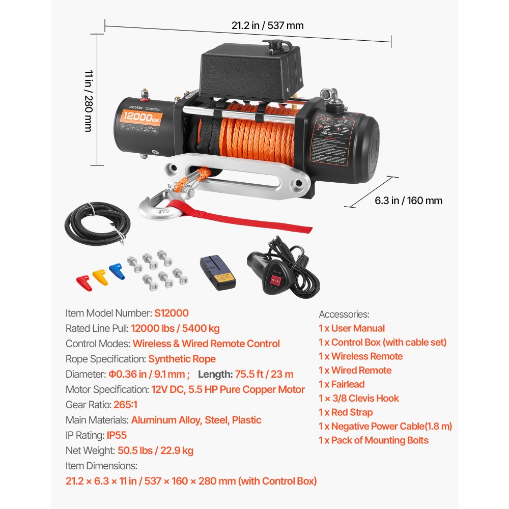 VEVOR Cabrestante Eléctrico de 12 V CC, 5400 kg, con Cuerda Sintética de Φ 9,1 mm x 23 m, Control Remoto Inalámbrico, Resistente al Agua IP55, para Remolcar SUV, Barcos y Vehículos Todoterreno