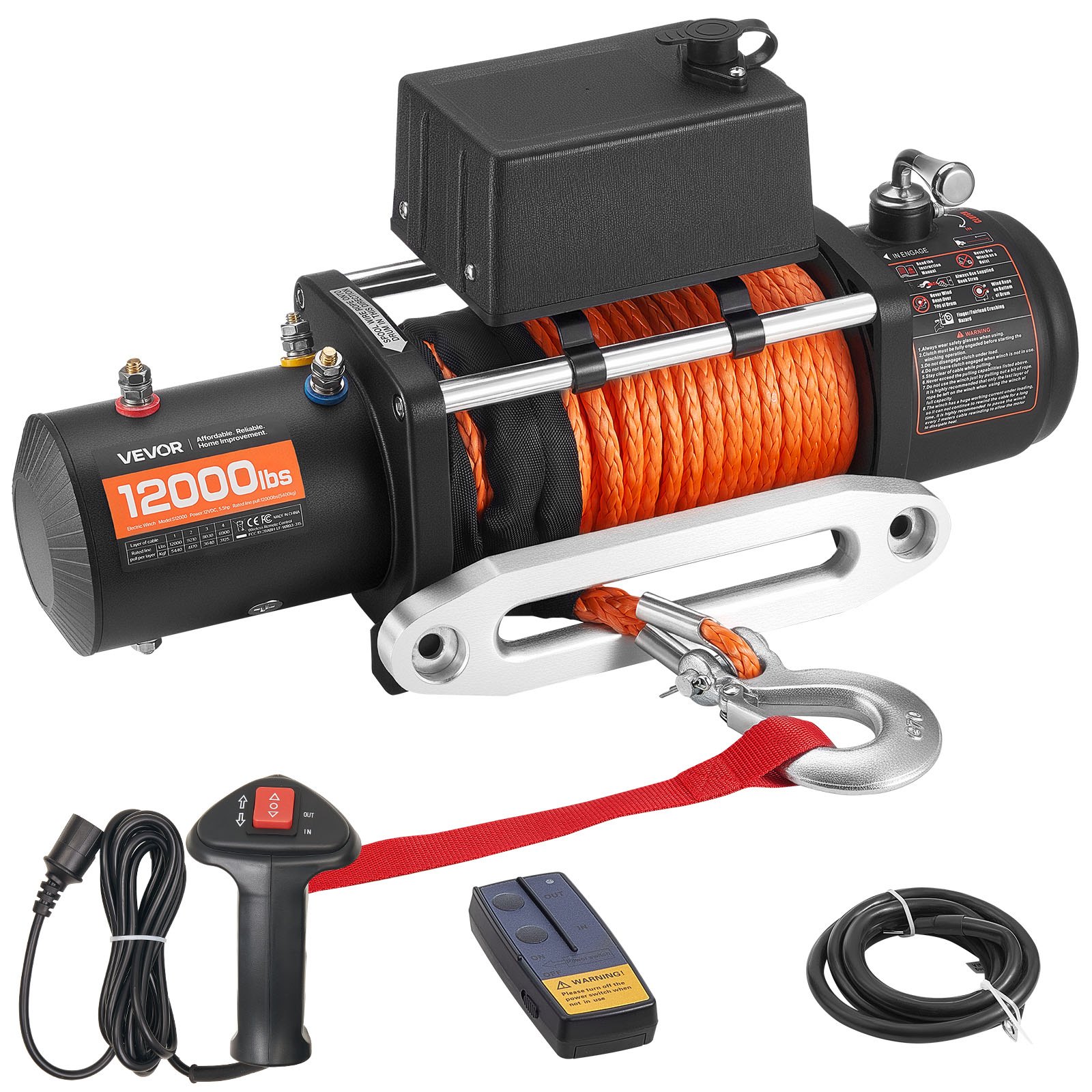 VEVOR Cabrestante Eléctrico de 12 V CC, 5400 kg, con Cuerda Sintética de Φ 9,1 mm x 23 m, Control Remoto Inalámbrico, Resistente al Agua IP55, para Remolcar SUV, Barcos y Vehículos Todoterreno