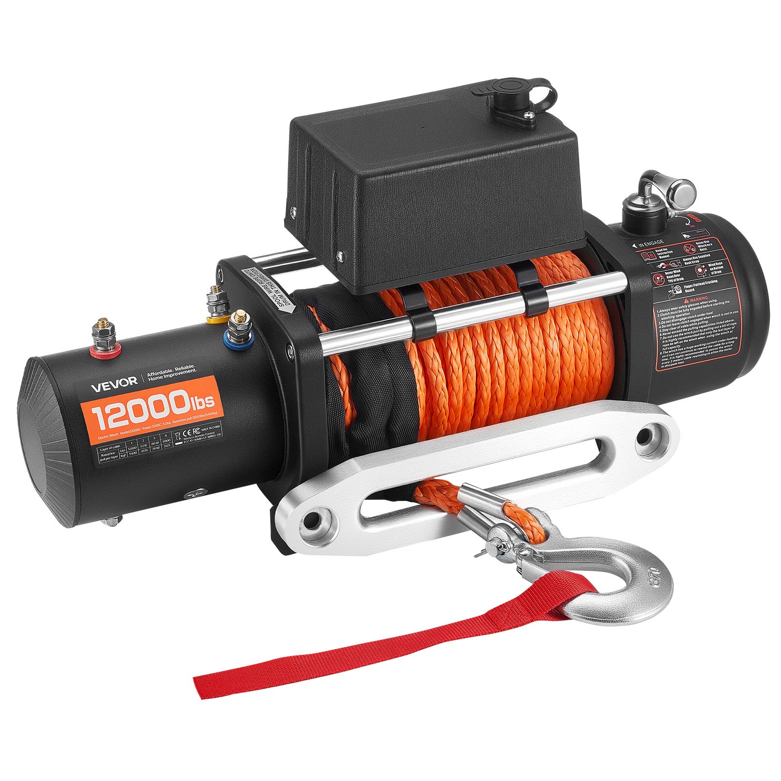 VEVOR Cabrestante Eléctrico de 12 V CC, 5400 kg, con Cuerda Sintética de Φ 9,1 mm x 23 m, Control Remoto Inalámbrico, Resistente al Agua IP55, para Remolcar SUV, Barcos y Vehículos Todoterreno