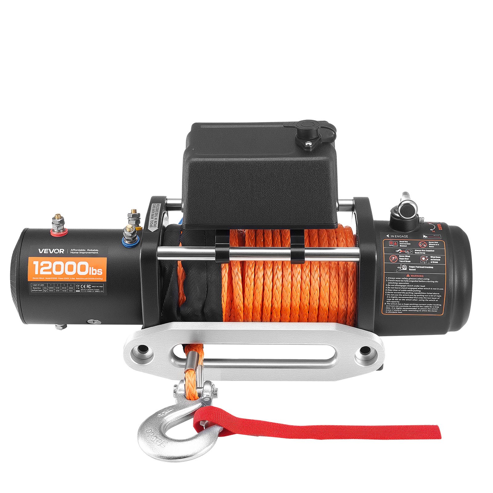 VEVOR Cabrestante Eléctrico de 12 V CC, 5400 kg, con Cuerda Sintética de Φ 9,1 mm x 23 m, Control Remoto Inalámbrico, Resistente al Agua IP55, para Remolcar SUV, Barcos y Vehículos Todoterreno
