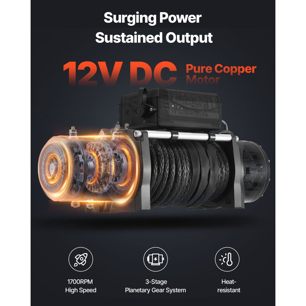 VEVOR Cabrestante Eléctrico, 6100 kg, 12 V CC, con Cable Sintético de 26 m, Control Remoto Inalámbrico y con Cable, IP55, para Remolcar SUV, Jeeps, Remolques y Barcos, 534 x 160 x 215 mm, Negro