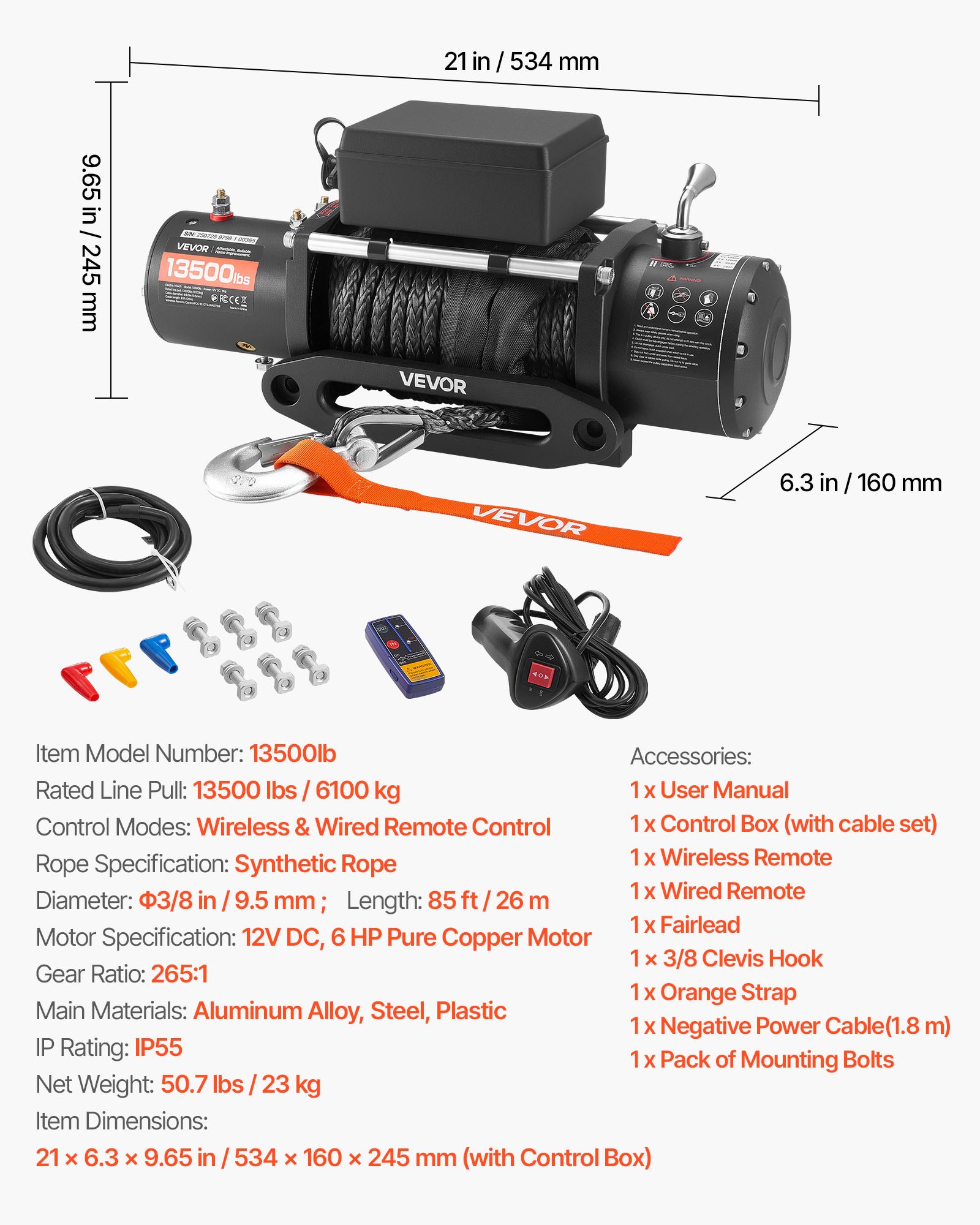 VEVOR Cabrestante Eléctrico, 6100 kg, 12 V CC, con Cable Sintético de 26 m, Control Remoto Inalámbrico y con Cable, IP55, para Remolcar SUV, Jeeps, Remolques y Barcos, 534 x 160 x 215 mm, Negro