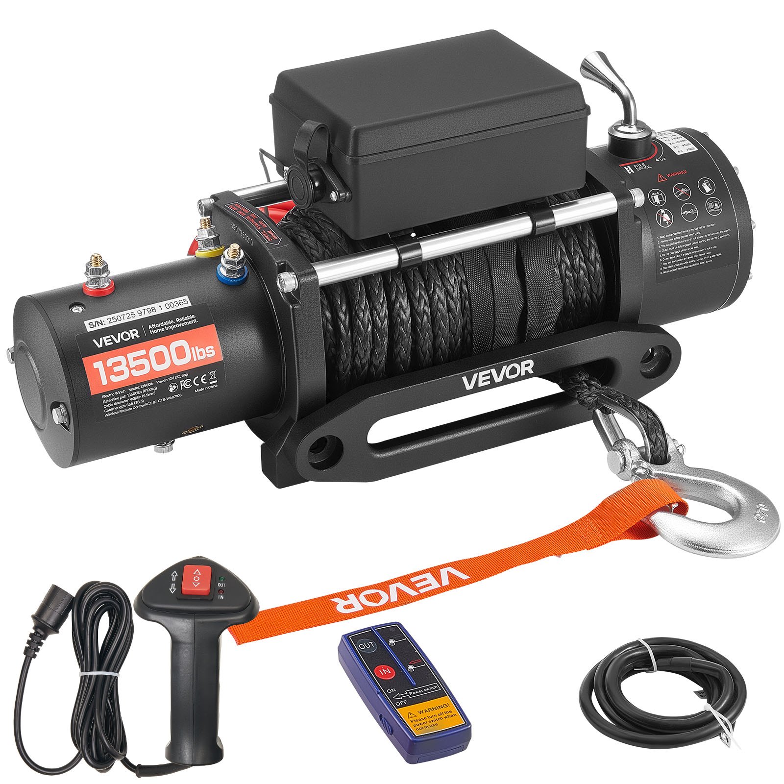 VEVOR Cabrestante Eléctrico, 6100 kg, 12 V CC, con Cable Sintético de 26 m, Control Remoto Inalámbrico y con Cable, IP55, para Remolcar SUV, Jeeps, Remolques y Barcos, 534 x 160 x 215 mm, Negro