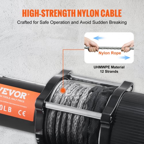 VEVOR Cabrestante Eléctrico 12V 4500 libras / 2041kg Cabrestante de Cable de Nylon 1,8 m Control Remoto de Mano IP55 con Cable de Control Remoto Negro Ideal para Medianas Grandes SUV Camiones Yates