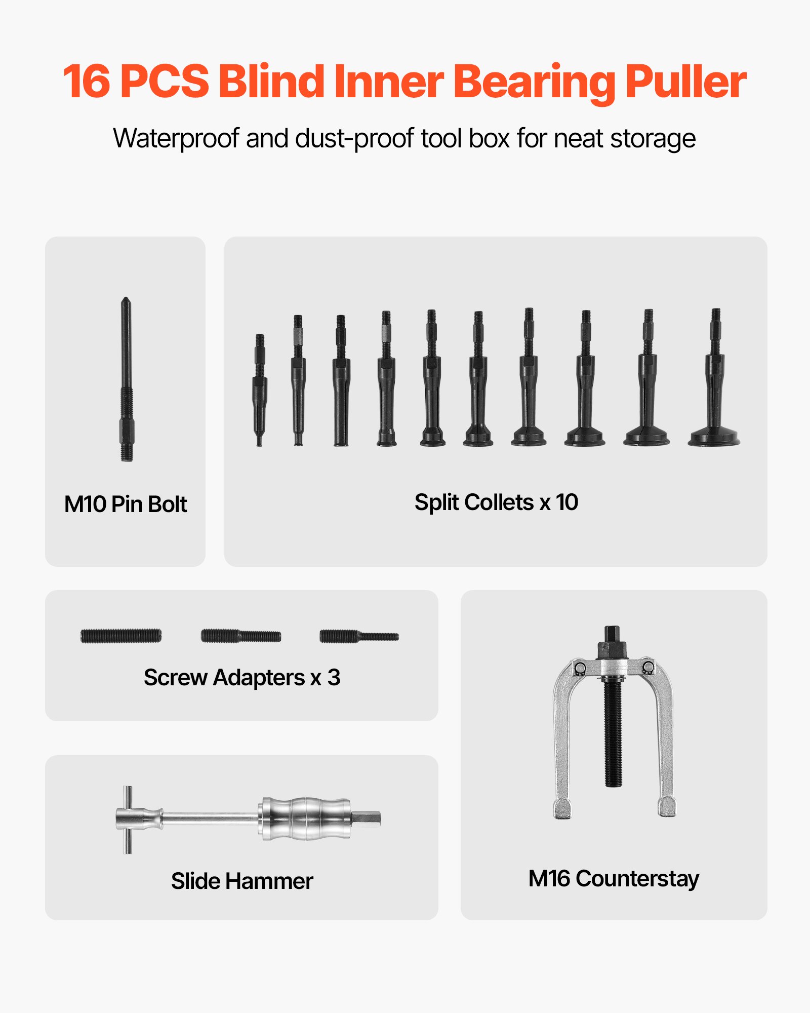VEVOR Juego de Extractores de Cojinetes para Agujeros Ciegos, 16 en 1, Kit de Extracción de Juntas y Pistas de Cojinetes Internos, Martillo Deslizante, Inserto Piloto, con 10 Pinzas Divididas
