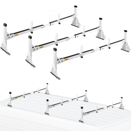 VEVOR 3 Barras de Techo Transversales con Topes de Escalera Carga de 340 kg Portaescaleras de Techo de Acero Longitud Ajustable de 1422-1448 mm Portaequipajes para Camión Compatible con Chevy Express