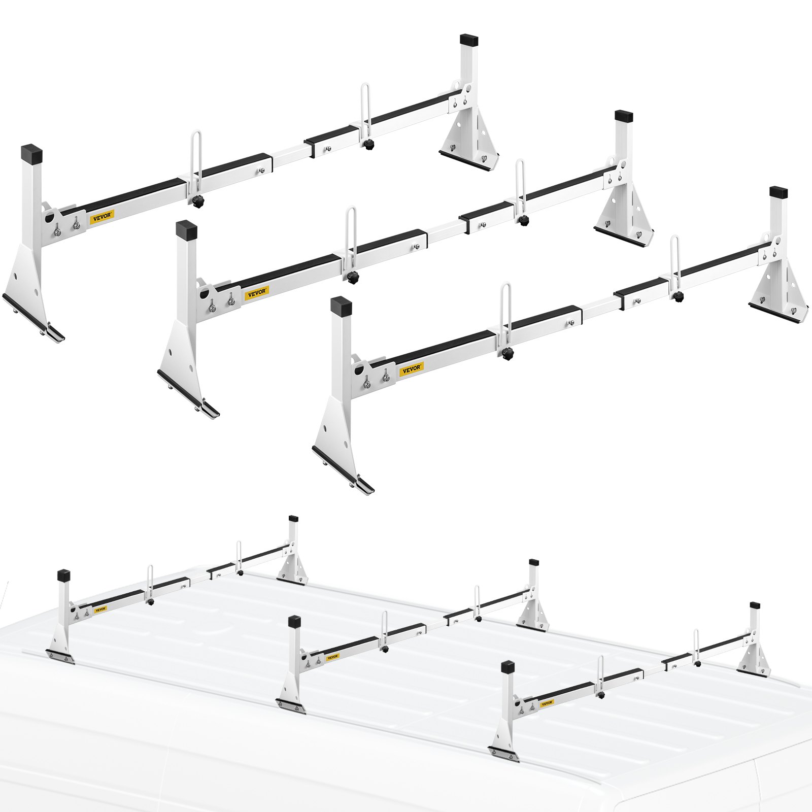 VEVOR 3 Barras de Techo Transversales con Topes de Escalera Carga de 340 kg Portaescaleras de Techo de Acero Longitud Ajustable de 1422-1448 mm Portaequipajes para Camión Compatible con Chevy Express