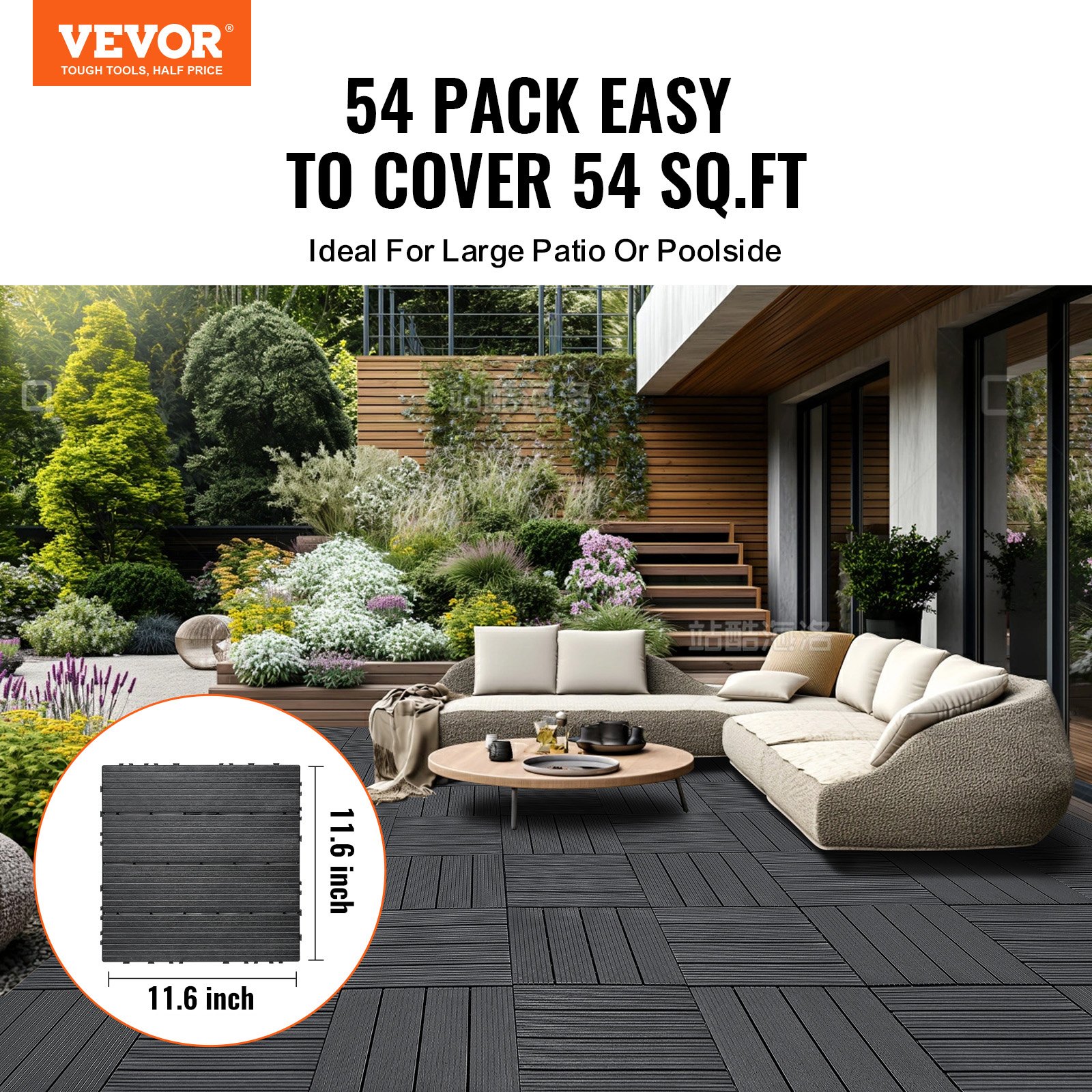 VEVOR Azulejos Entrelazados para Terraza, de Plástico, Resistentes al Agua, para Uso en Exteriores, para Todo Tipo de Climas, para Porches, Piscinas, Balcones, Gris Oscuro, 300 x 300 x 20 mm, 54 uds