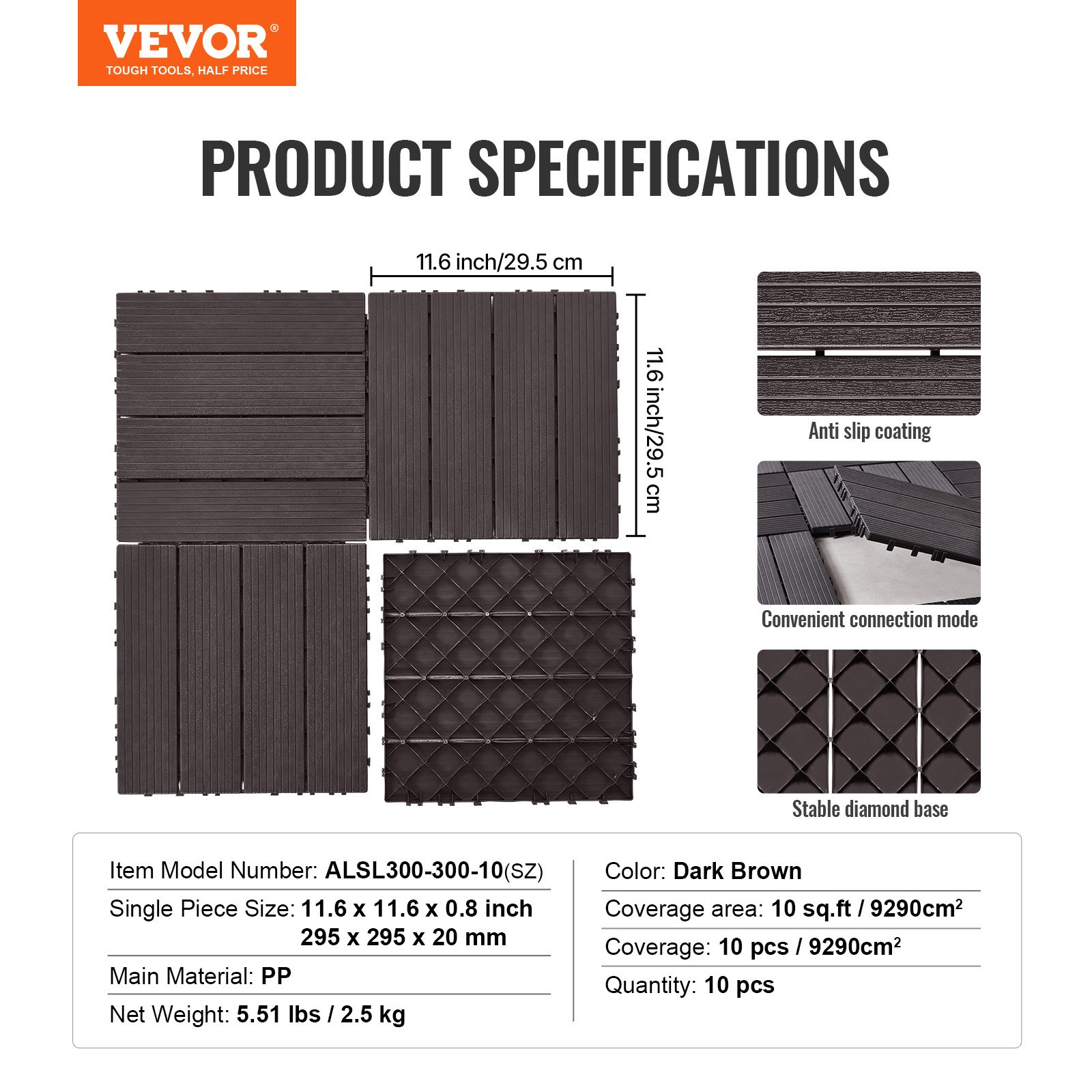 VEVOR Terrace Tiles, Set of 10, Balcony Tiles 30x30cm, Click Tiles, Waterproof Plastic Flooring for Outdoor Use, Terrace Flooring for Porch, Pool, Balcony, Backyard, Dark Brown