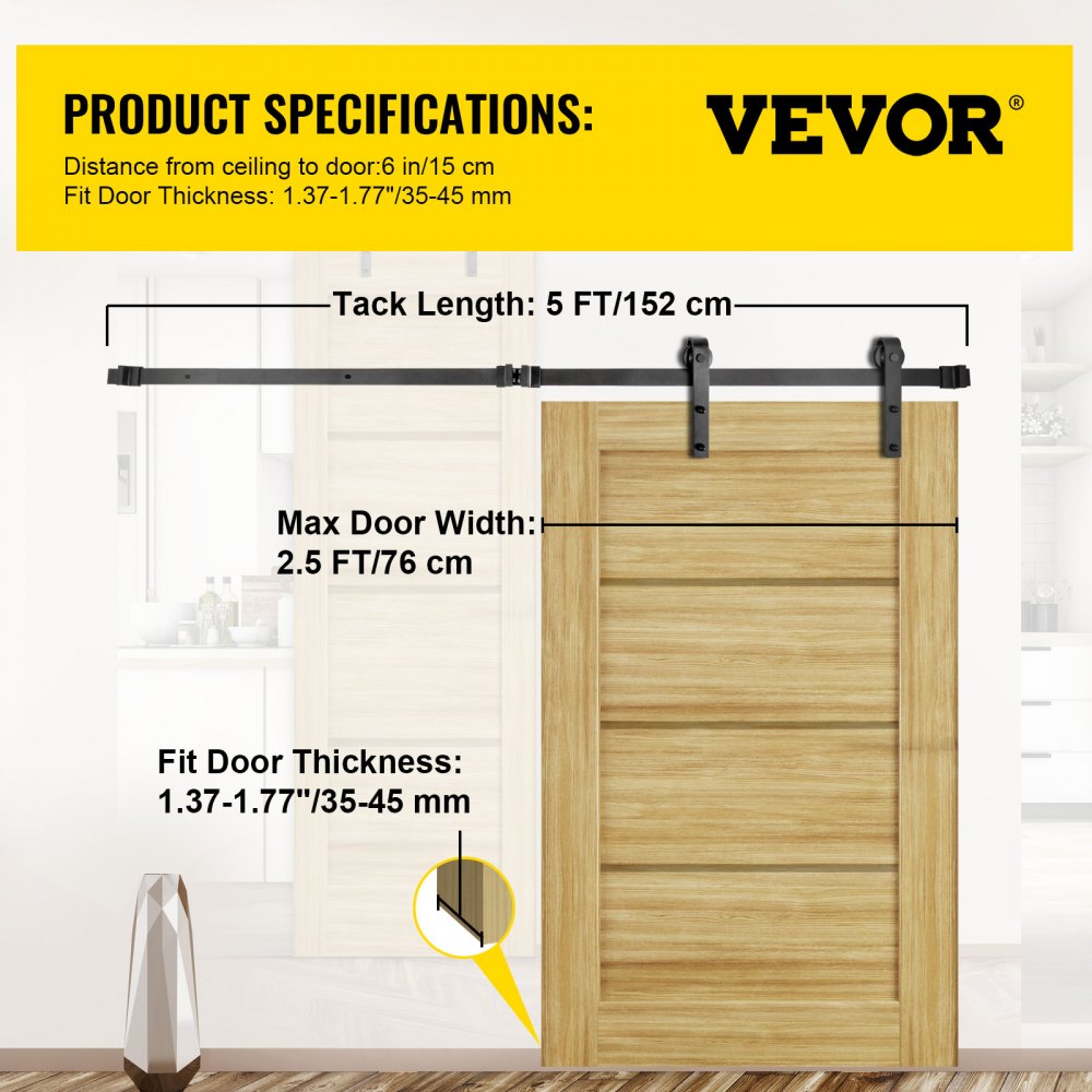 VEVOR Kit de Herrajes para Puerta Corredera 5 Pies/152 cm Kit de Riel para Puerta Doble Acero al Carbono Guía para Puerta Doble Corredera Carga 150 kg Puerta Máx. 76 cm Espesor 35-45 mm Granero Garaje