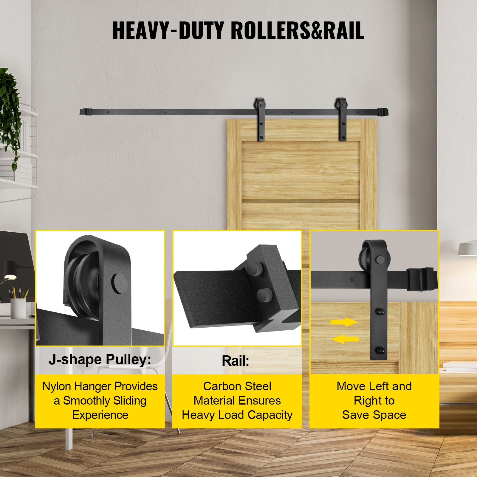 VEVOR Kit de Herrajes para Puerta Corredera 5 Pies/152 cm Kit de Riel para Puerta Doble Acero al Carbono Guía para Puerta Doble Corredera Carga 150 kg Puerta Máx. 76 cm Espesor 35-45 mm Granero Garaje