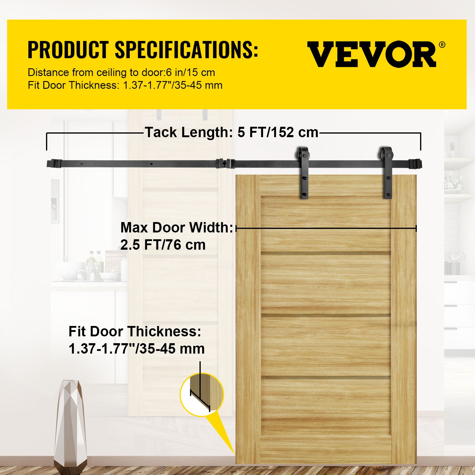 VEVOR Kit de Herrajes para Puerta Corredera 5 Pies/152 cm Kit de Riel para Puerta Doble Acero al Carbono Guía para Puerta Doble Corredera Carga 150 kg Puerta Máx. 76 cm Espesor 35-45 mm Granero Garaje