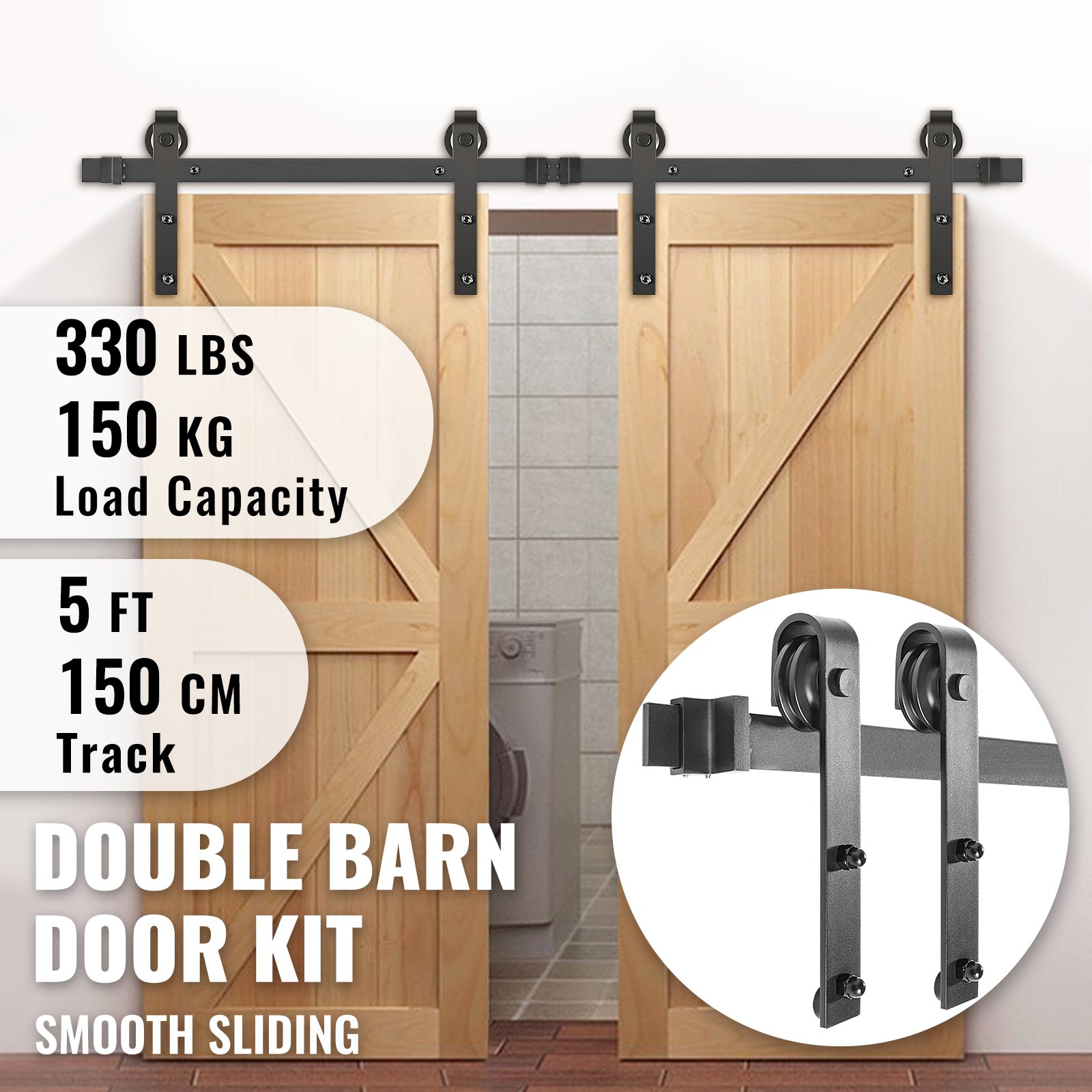 VEVOR Kit de Herrajes para Puerta Corredera 5 Pies/152 cm Kit de Riel para Puerta Doble Acero al Carbono Guía para Puerta Doble Corredera Carga 150 kg Puerta Máx. 76 cm Espesor 35-45 mm Granero Garaje