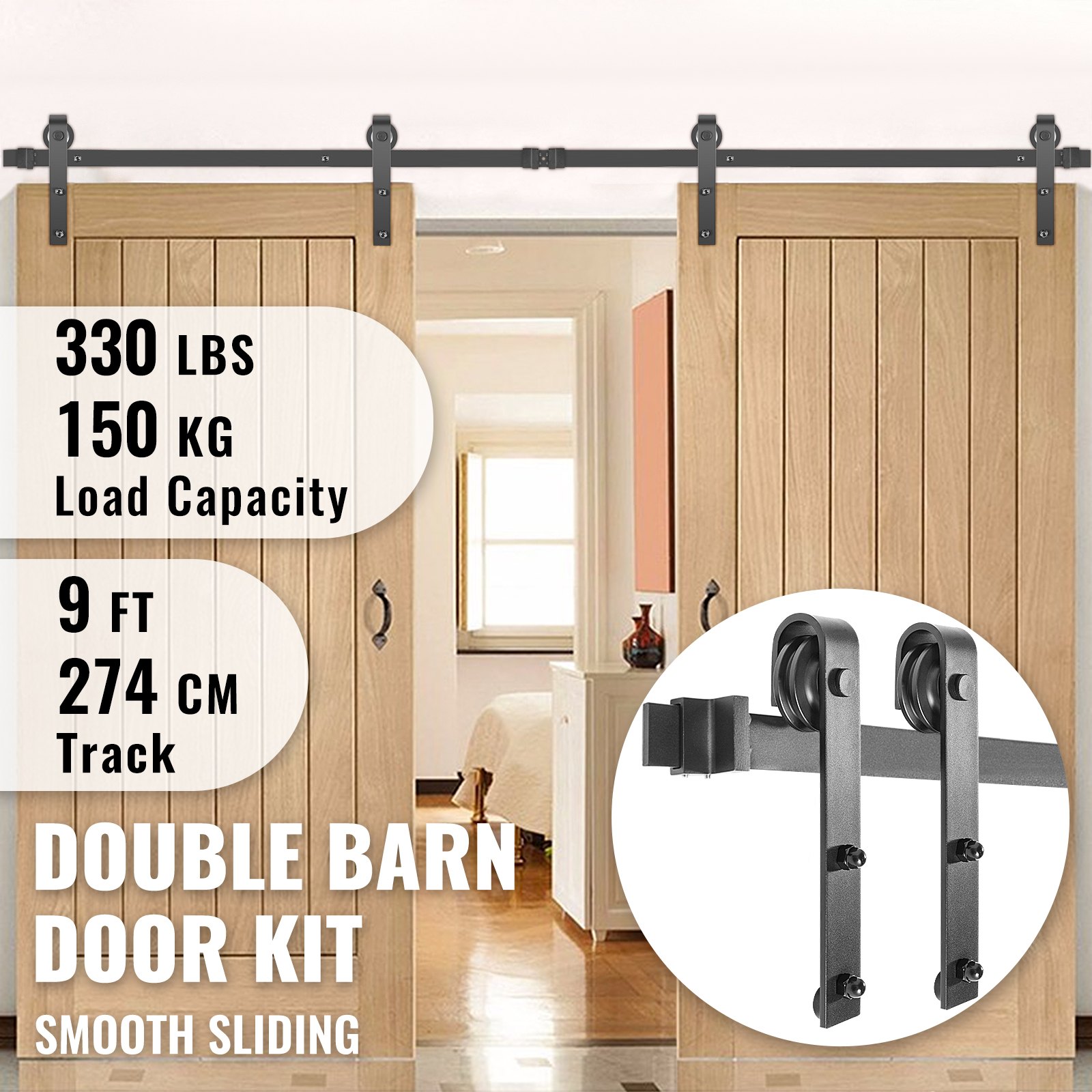 VEVOR Kit de Herrajes para Puertas Corredizas de Granero Riel para Puerta Corrediza de 274 cm para Puertas 137 cm Espesor de Puerta 35-45 mm Carga de 150 kg para Hogar, Garajes, Dormitorio