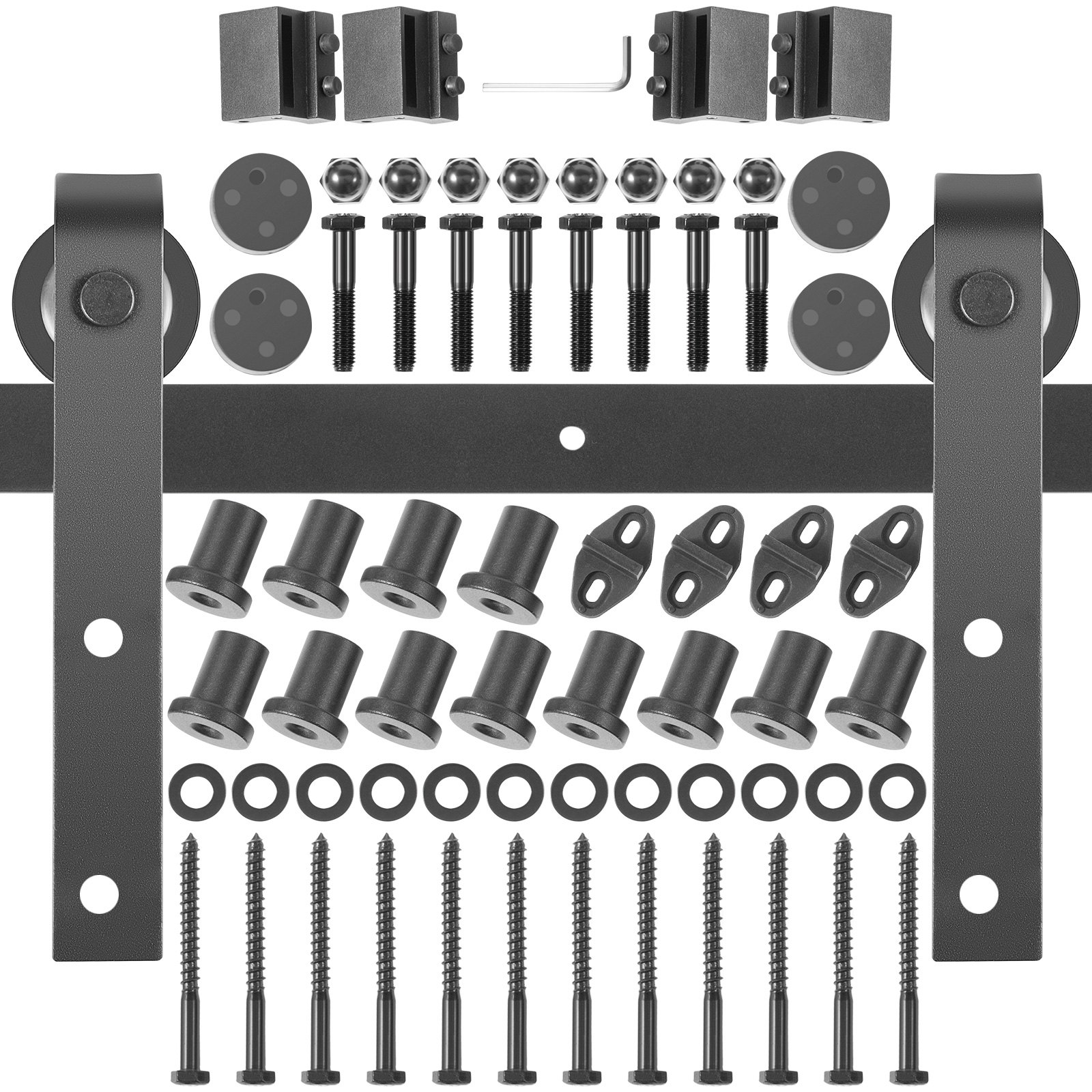 VEVOR Kit de Herrajes para Puerta Corredera 14 Pies/426 cm Kit de Riel para Puerta Doble Acero al Carbono Guía para Puerta Corredera Carga 150 kg Puerta Máx. 213 cm Espesor 35-45 mm Granero Garaje