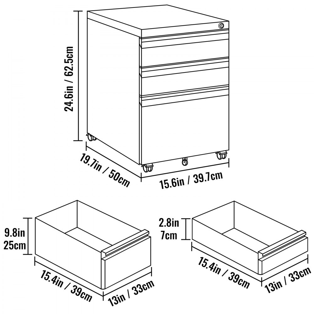 VEVOR Cajonera de Oficina, 50x40x62 cm, Archivador Móvil de 3 Cajones con Cerradura y Rieles de Suspensión Ajustables , Armario Archivador con 5 Ruedas y Frenos, Blanco Adecuado para Hogar y Oficina
