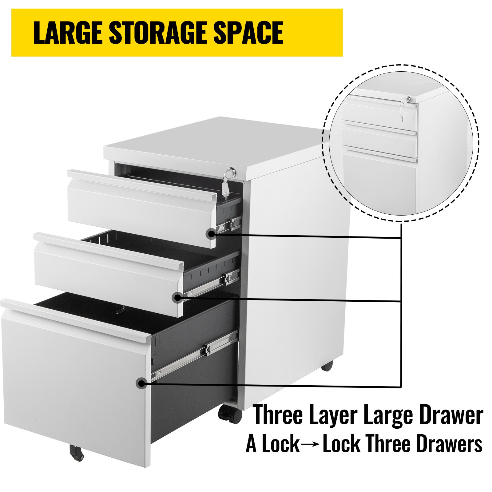 VEVOR Cajonera de Oficina, 50x40x62 cm, Archivador Móvil de 3 Cajones con Cerradura y Rieles de Suspensión Ajustables , Armario Archivador con 5 Ruedas y Frenos, Blanco Adecuado para Hogar y Oficina