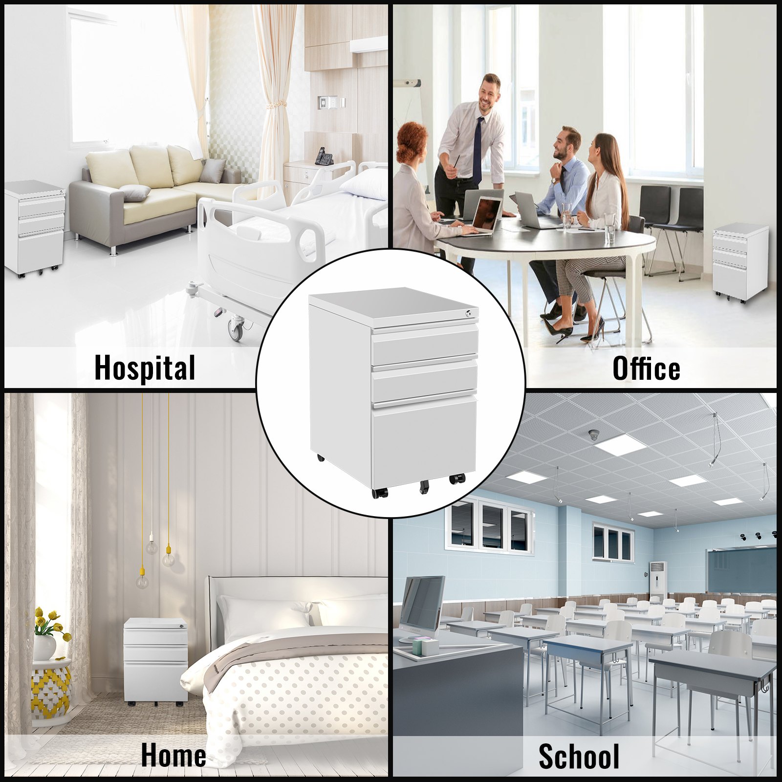 VEVOR Cajonera de Oficina, 50x40x62 cm, Archivador Móvil de 3 Cajones con Cerradura y Rieles de Suspensión Ajustables , Armario Archivador con 5 Ruedas y Frenos, Blanco Adecuado para Hogar y Oficina