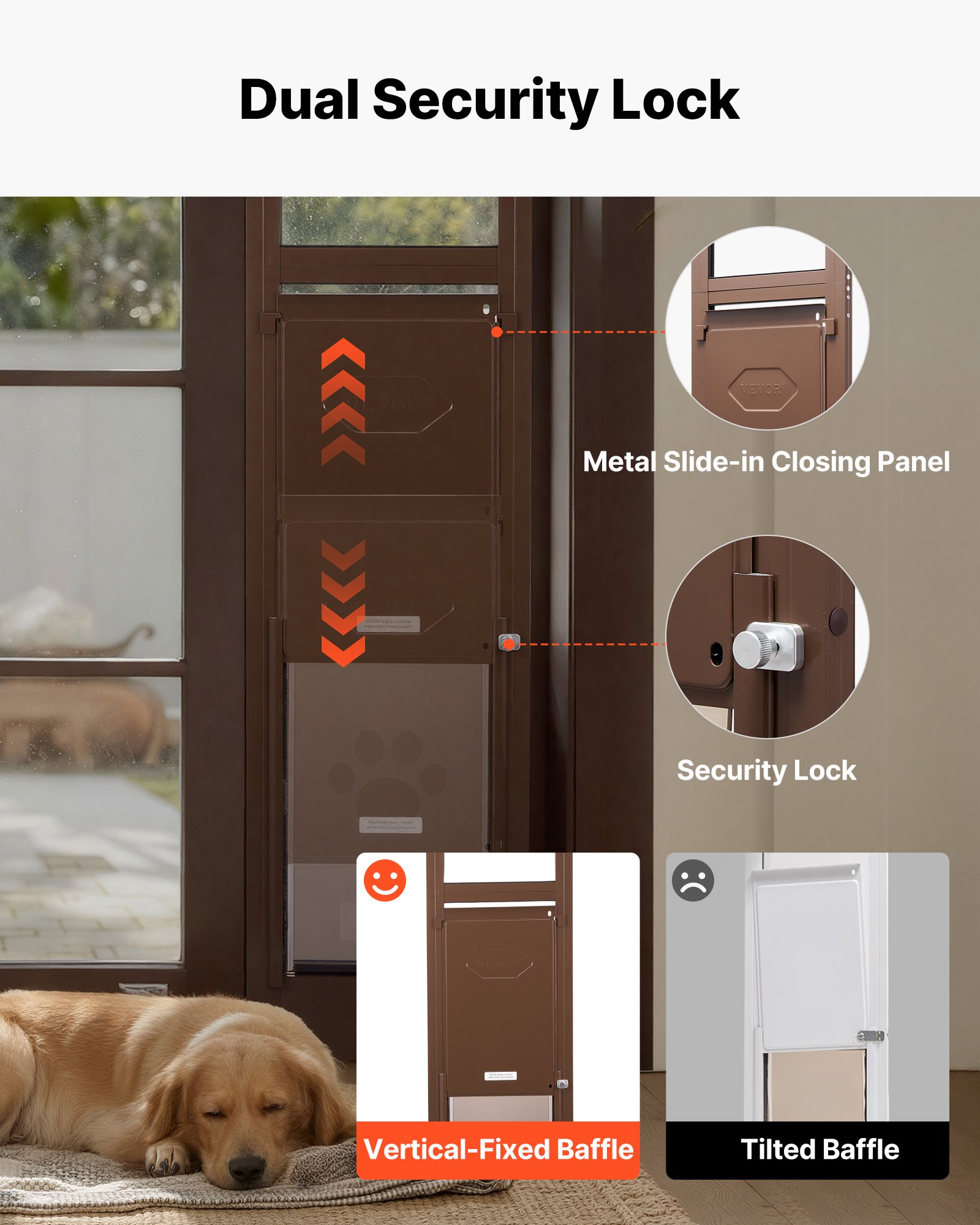 VEVOR Dog Door for Sliding Glass Door, 1927 mm to 2040 mm Adjustable Height, Aluminum Alloy Frame with Metal Rotating Hinges, Lock Design, 346 x 600 mm Flap, Sliding Glass Pet Door for Renters