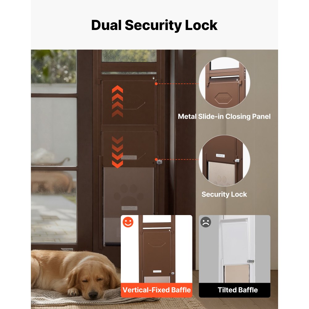 VEVOR Puerta para Perros, Puerta Corrediza de Cristal, Altura Ajustable de 1927–2040 mm, Marco de Aleación de Aluminio con Bisagras Metálicas Giratorias y Cerradura, Marrón, 2040 x 360 x 20 mm, L