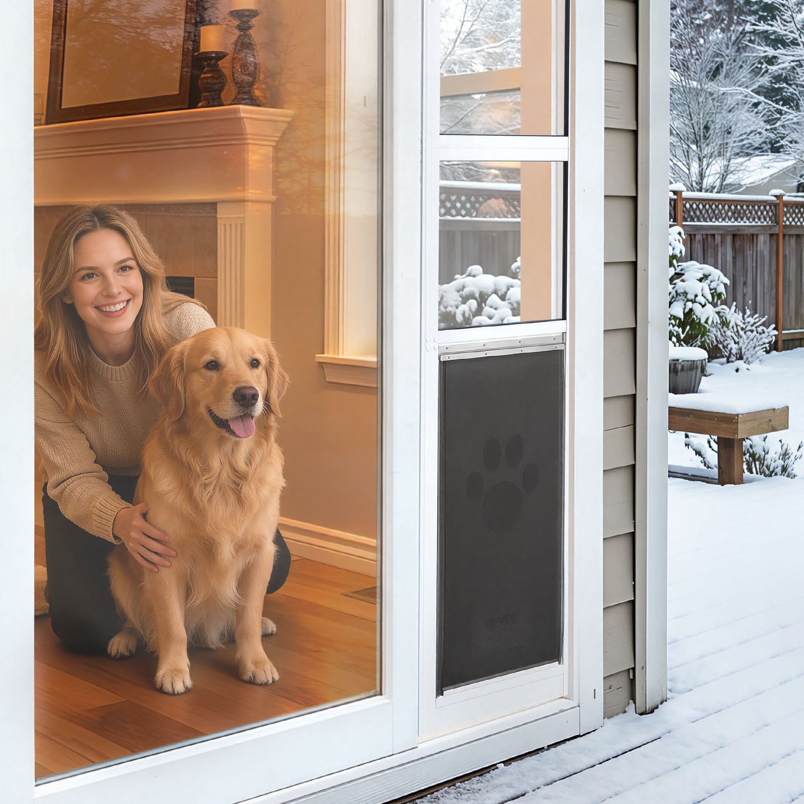 VEVOR Puerta Corrediza de Vidrio con Entrada para Perros, Altura Ajustable de 1927 a 2049 mm, Marco de Aleación de Aluminio, Puerta para Mascota 34,6 x 60 cm de 3 Capas, Compatible con Perros Grandes