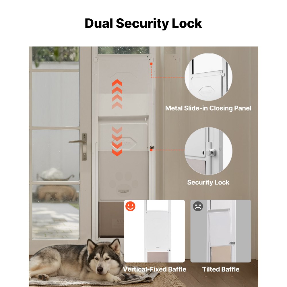VEVOR Puerta para Perros, Puerta Corrediza de Cristal, Altura Ajustable 2311-2439 mm, Marco de Aleación de Aluminio con Bisagras Metálicas Giratorias y Cerradura, Blanco, 2440 x 445 x 20 mm, XL
