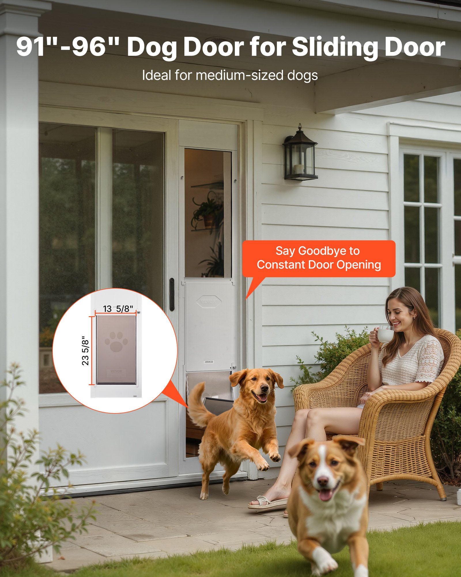 VEVOR Puerta para Perros, Puerta Corrediza de Cristal, Altura Ajustable 2311-2439 mm, Marco de Aleación de Aluminio con Bisagras Metálicas Giratorias y Cerradura, Blanco, 2440 x 445 x 20 mm, XL