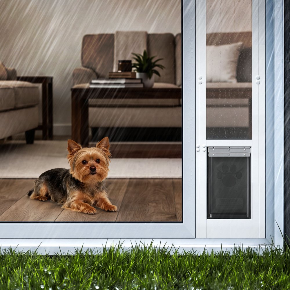 VEVOR Puerta Corrediza de Vidrio con Entrada para Perros, Altura Ajustable, Puerta para Mascota 20,6 x 13,3 cm, Compatible con Perros Pequeños, Marco de Aluminio, para Patio Balcón Terraza, Blanco