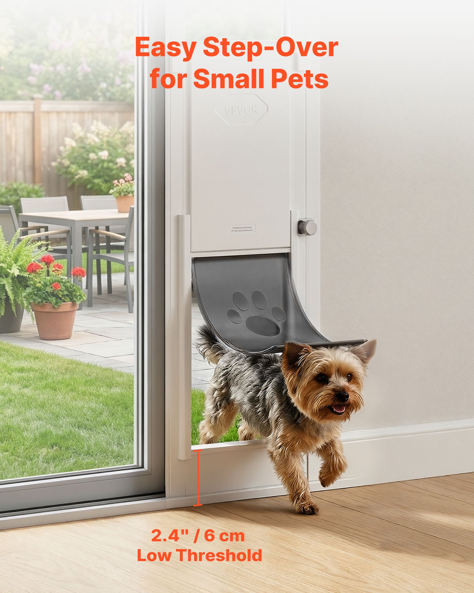 VEVOR Puerta Corrediza de Vidrio con Entrada para Perros, Altura Ajustable, Puerta para Mascota 20,6 x 13,3 cm, Compatible con Perros Pequeños, Marco de Aluminio, para Patio Balcón Terraza, Blanco