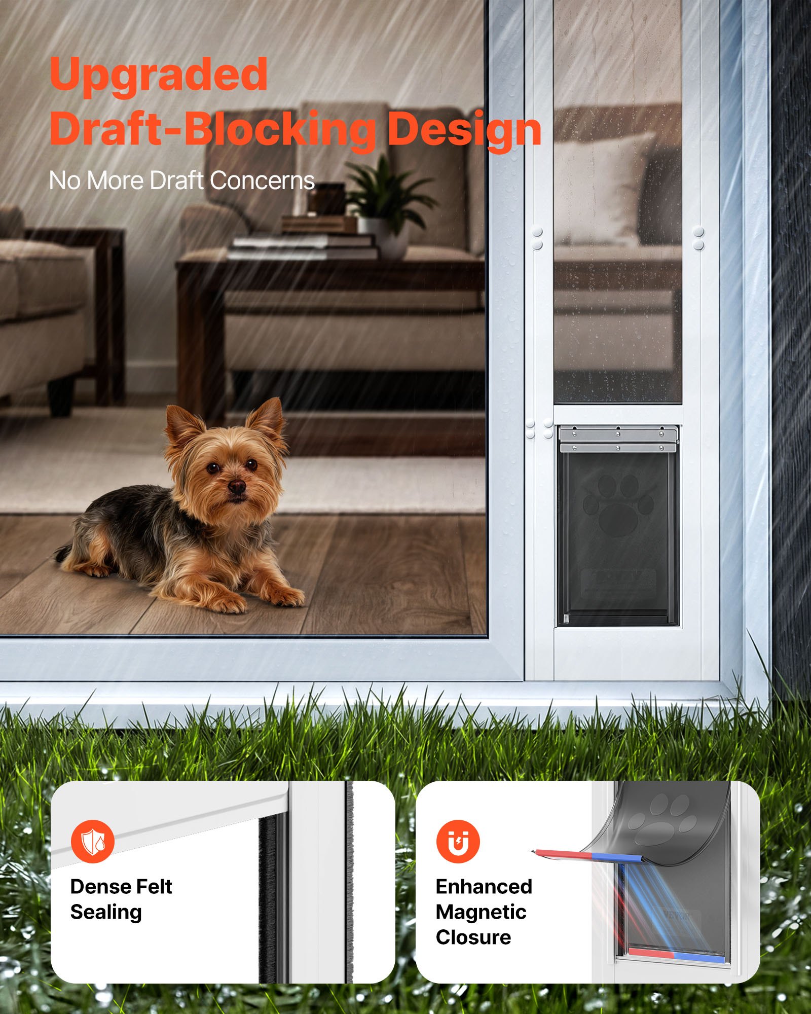 VEVOR Puerta Corrediza de Vidrio con Entrada para Perros, Altura Ajustable, Puerta para Mascota 20,6 x 13,3 cm, Compatible con Perros Pequeños, Marco de Aluminio, para Patio Balcón Terraza, Blanco