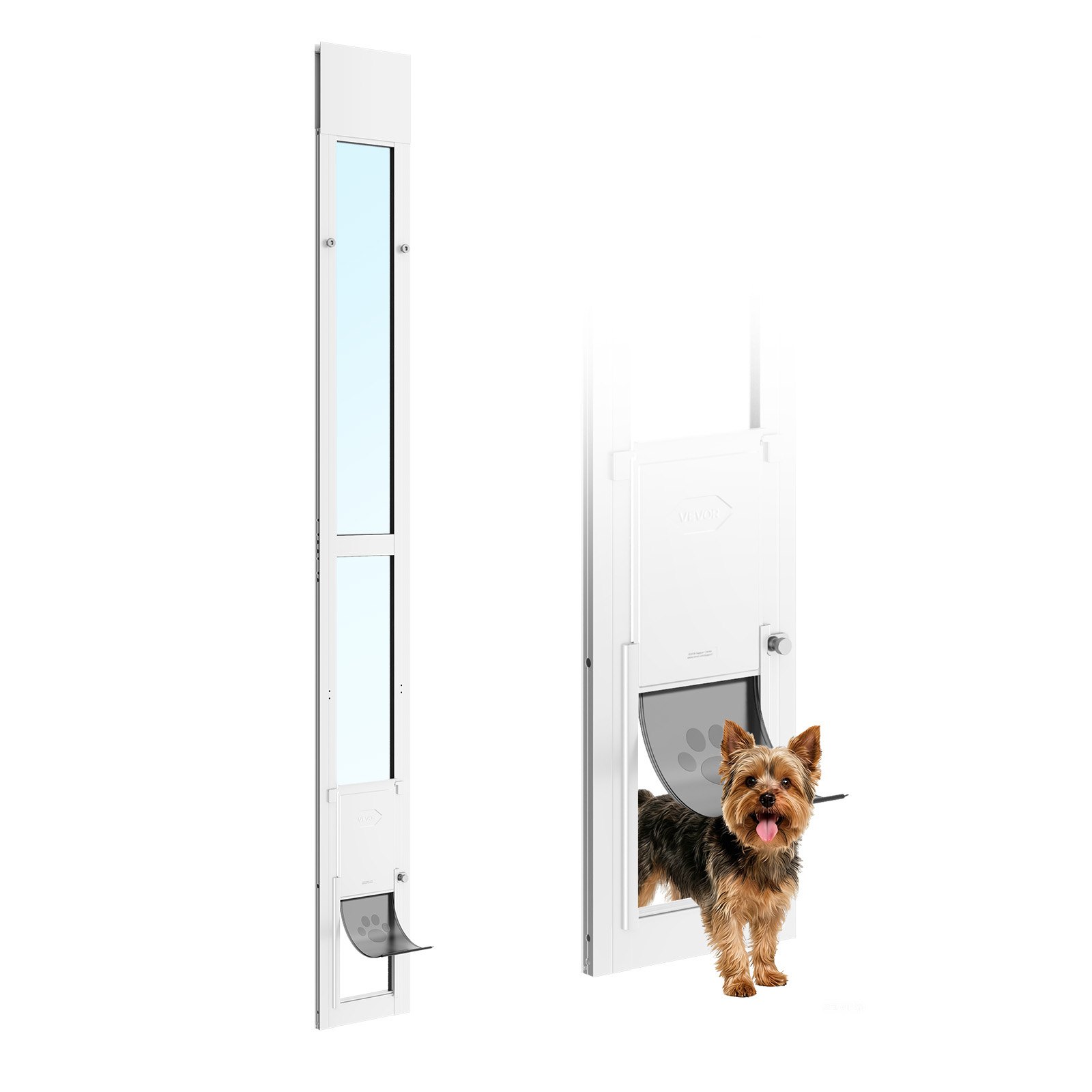 VEVOR Puerta Corrediza de Vidrio con Entrada para Perros, Altura Ajustable, Puerta para Mascota 20,6 x 13,3 cm, Compatible con Perros Pequeños, Marco de Aluminio, para Patio Balcón Terraza, Blanco