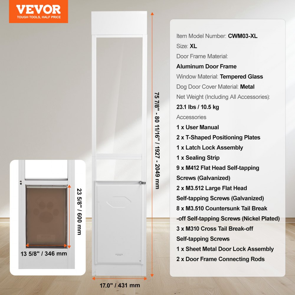 VEVOR Dog Door for Glass Sliding Doors 1927-2049 mm Height Adjustable Dog Door Sliding Doors, Pet Door Made of Tempered Glass with Aluminum Frame & Hinge Structure, Flap and Lock for Large Dogs
