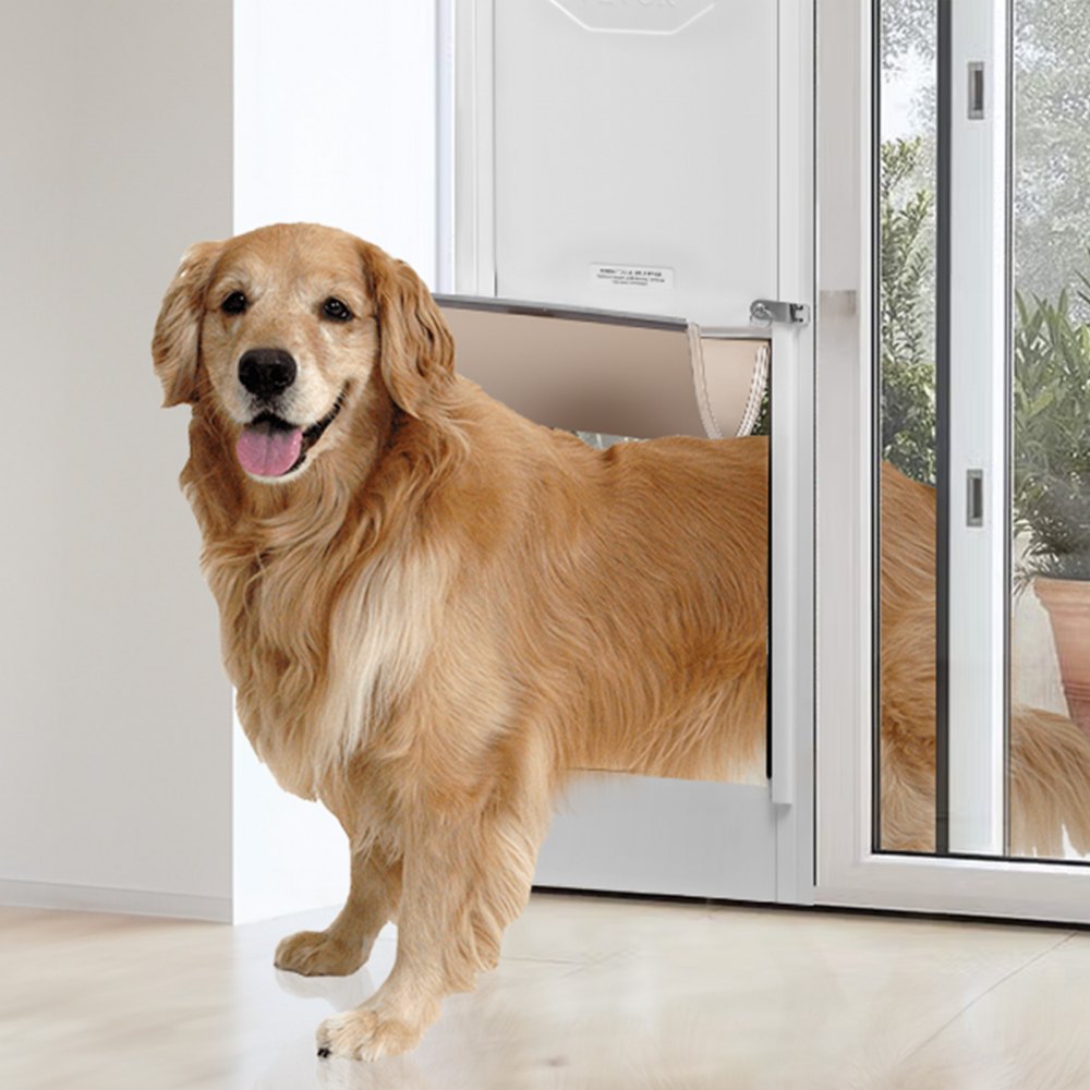 VEVOR Puerta Corrediza de Vidrio para Perros Altura Ajustable 346 x 600 x 1927-2049 mm Puerta para Mascotas de Vidrio Templado con Estructura de Bisagra, Solapa y Cerradura para Perros de Gran Tamaño