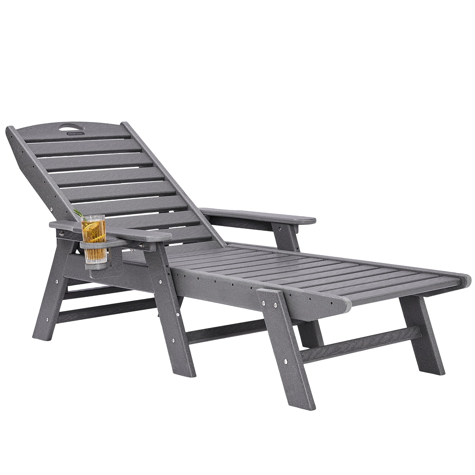 VEVOR Chaise Lounge Chair, 181 kg Weight Capacity, 6 Positions Adjustable Patio Lounge Chair, Outdoor HDPE Lounge Chair with Backrest & Cup Holder, for Pool Poolside Deck Backyard Lawn, Gray
