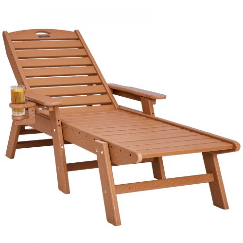 VEVOR Tumbona de Jardín, Silla Plegable Reclinable Asiento de 1055 x 525 x 20 mm Capacidad Máxima de Carga de 181 kg, Tumbona Exterior de HDPE con Respaldo y Portavasos para Playa, Patio, Marrón