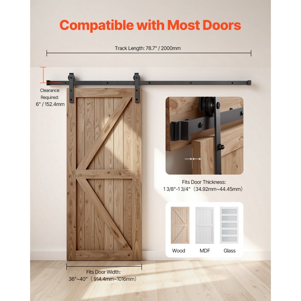 VEVOR sliding door system, 2 m track, 150 kg load capacity, compatible with 91.4–101.6 cm width & 3.5–4.5 cm thickness, single barn-style sliding door, track & J-shaped roller, black