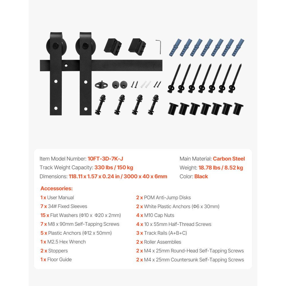 VEVOR Kit de Herrajes para Puerta Corrediza de Granero Riel de 3 m para Una Sola Puerta Ancho Máximo de 152 cm Espesor de 34,92-44,45 mm Carga de 150 kg Rodillo en Forma de J para Hogar, Negro