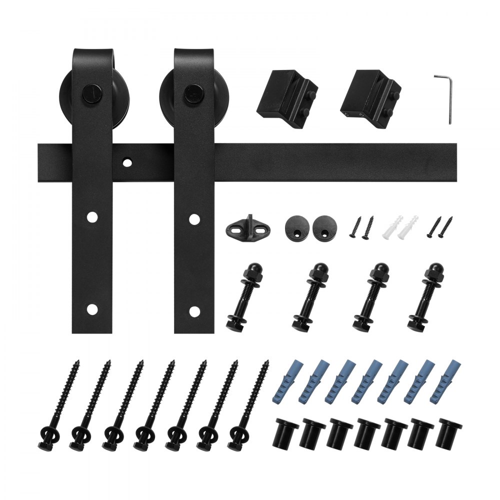 VEVOR Kit de Herrajes para Puerta Corrediza de Granero Riel de 3 m para Una Sola Puerta Ancho Máximo de 152 cm Espesor de 34,92-44,45 mm Carga de 150 kg Rodillo en Forma de J para Hogar, Negro