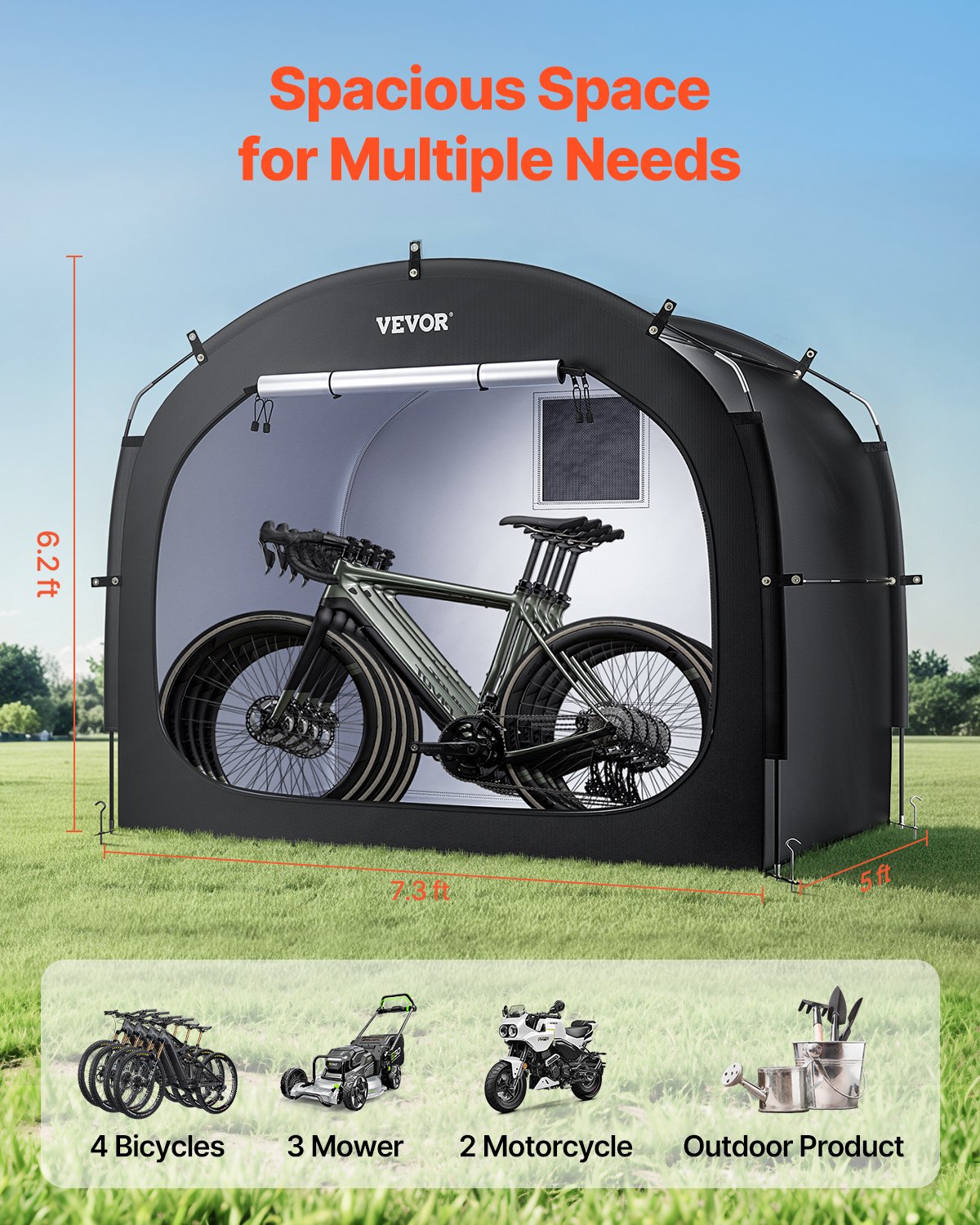 VEVOR bicycle tent, 4 to 5 bicycles, spacious bicycle garage with ventilated window, easy-to-install bicycle shed with high-strength fiberglass & double zippers, 226x151x197 cm