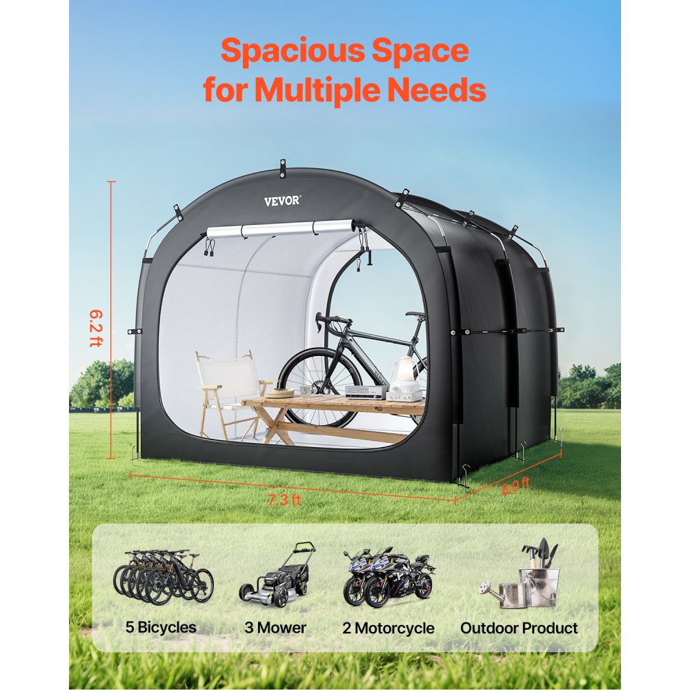 VEVOR Tienda de Campaña para Guardar Bicicletas, Tienda Impermeable 2240 x 2470 x 1980 mm para 5 Bicicletas con Ventana Ventilada, Fibra de Vidrio de Alta Resistencia y Cremalleras Dobles, Negro