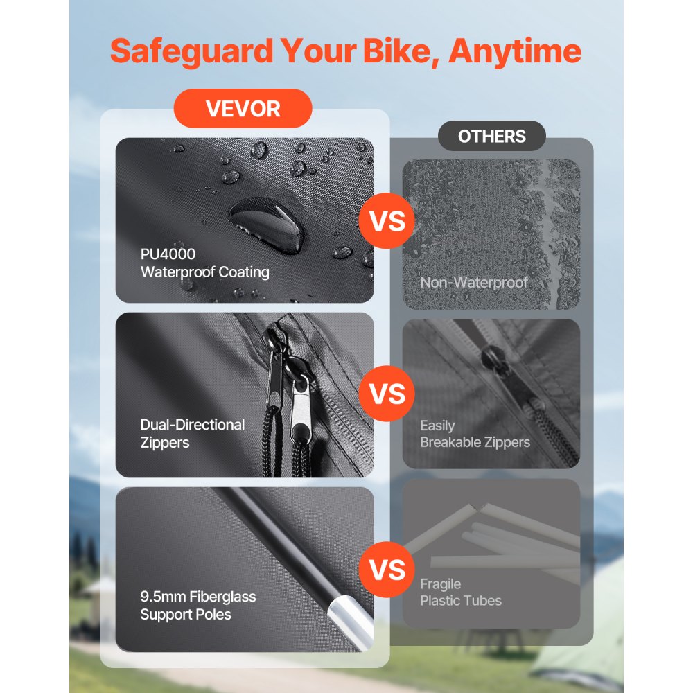 VEVOR Tienda de Campaña para Guardar Bicicletas, Tienda Impermeable 2240 x 2470 x 1980 mm para 5 Bicicletas con Ventana Ventilada, Fibra de Vidrio de Alta Resistencia y Cremalleras Dobles, Negro