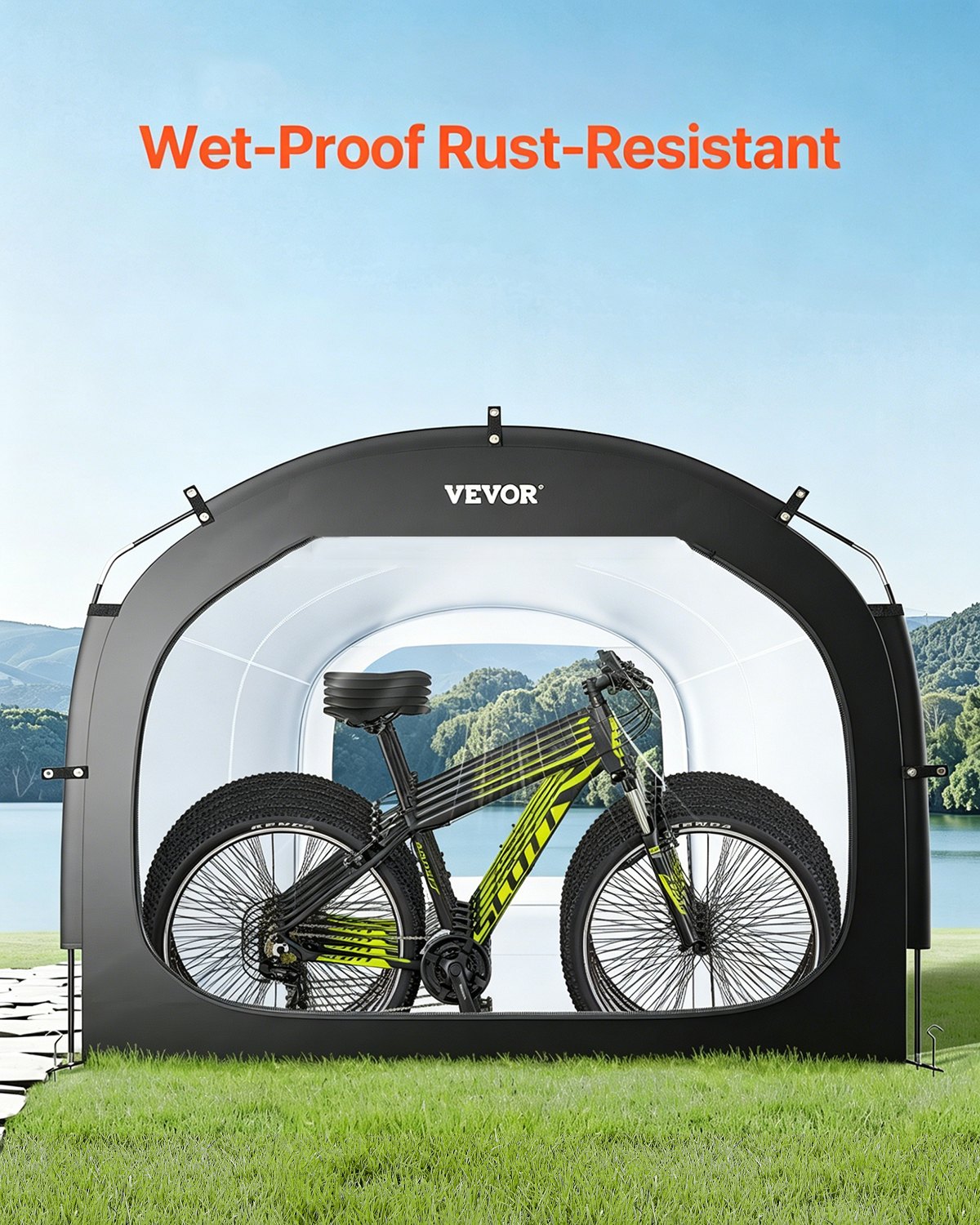 VEVOR Tienda de Campaña para Guardar Bicicletas, Tienda Impermeable 2240 x 2470 x 1980 mm para 5 Bicicletas con Ventana Ventilada, Fibra de Vidrio de Alta Resistencia y Cremalleras Dobles, Negro