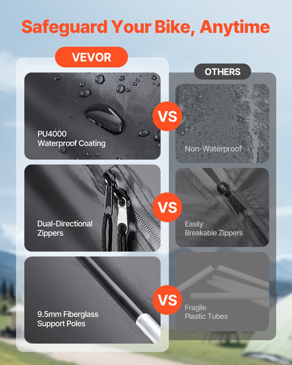 VEVOR Tienda de Campaña para Guardar Bicicletas, Tienda Impermeable 2240 x 2470 x 1980 mm para 5 Bicicletas con Ventana Ventilada, Fibra de Vidrio de Alta Resistencia y Cremalleras Dobles, Negro