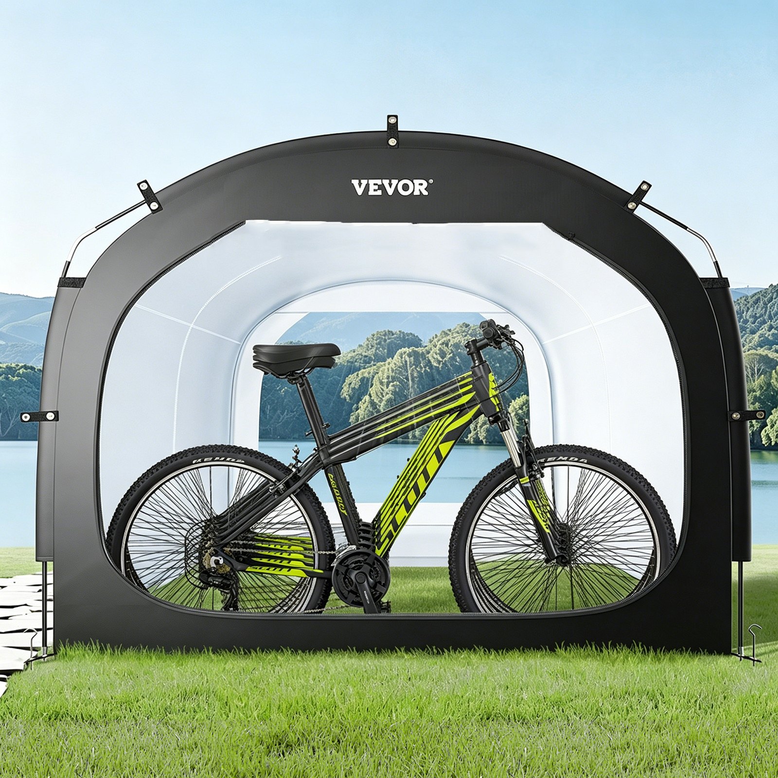 VEVOR Tienda de Campaña para Guardar Bicicletas, Tienda Impermeable 2240 x 2470 x 1980 mm para 5 Bicicletas con Ventana Ventilada, Fibra de Vidrio de Alta Resistencia y Cremalleras Dobles, Negro